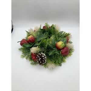 Vintage Candle Ring Pinecones Fruit Greens Centerpiece 10"D,  3" Pillar Plastic